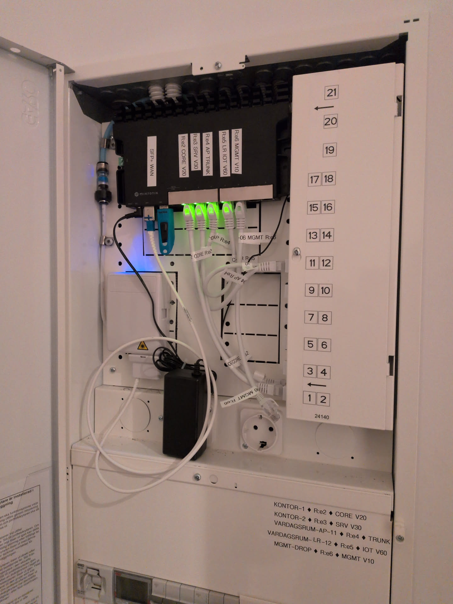 Network cabinet after removing Genexis ONT — fiber SFP plugged directly into MikroTik RB5009 SFP+ cage
